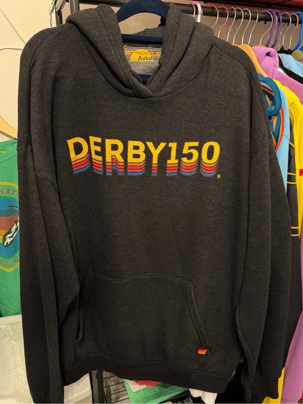 Aviator Nation Derby150 Black Hoodie with Rainbow Stripe Graphic
